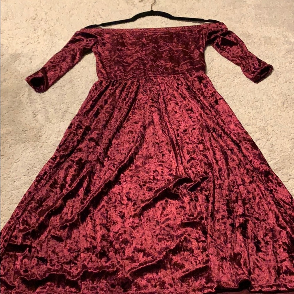Maroon crushed velvet off the shoulder dress.
